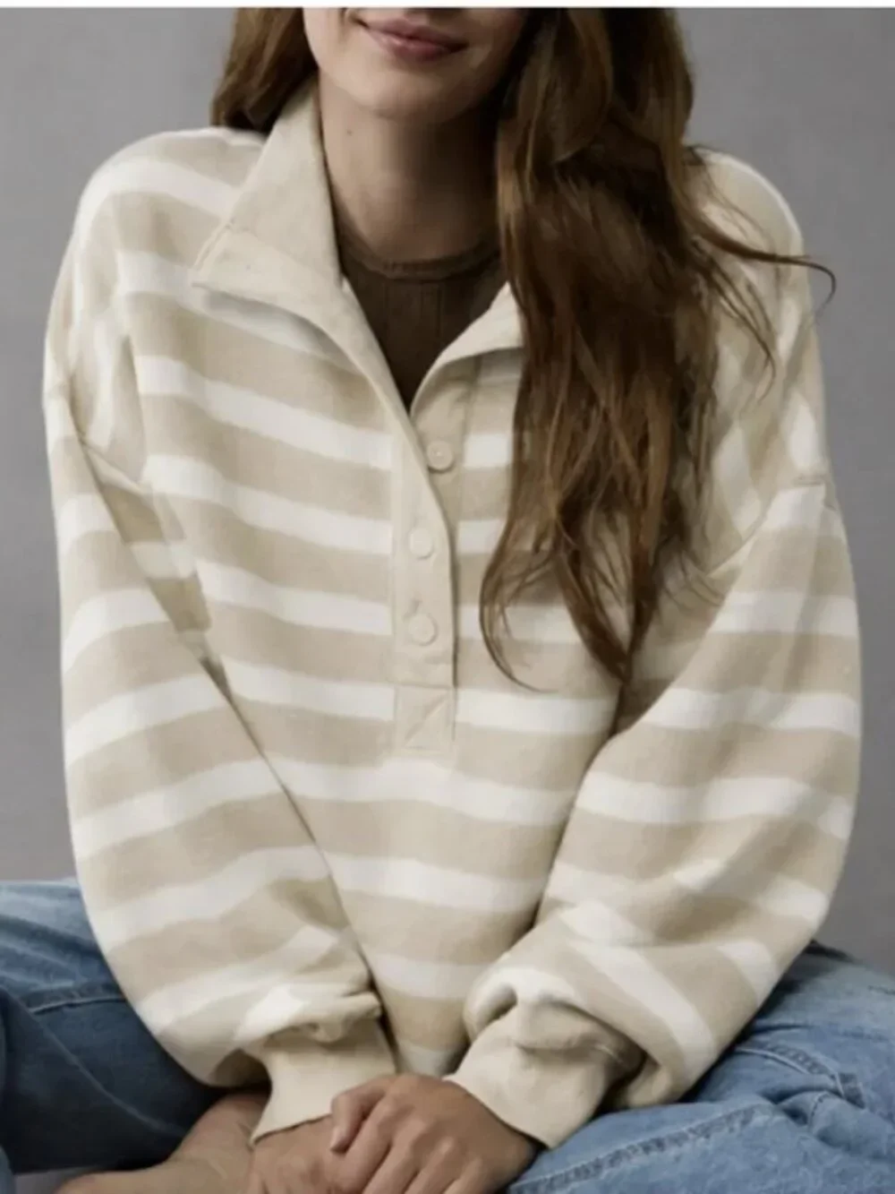 American Eagle Big Hug Henley Striped Sweatshirt Funnel Neck Collar - Picture 1 of 5